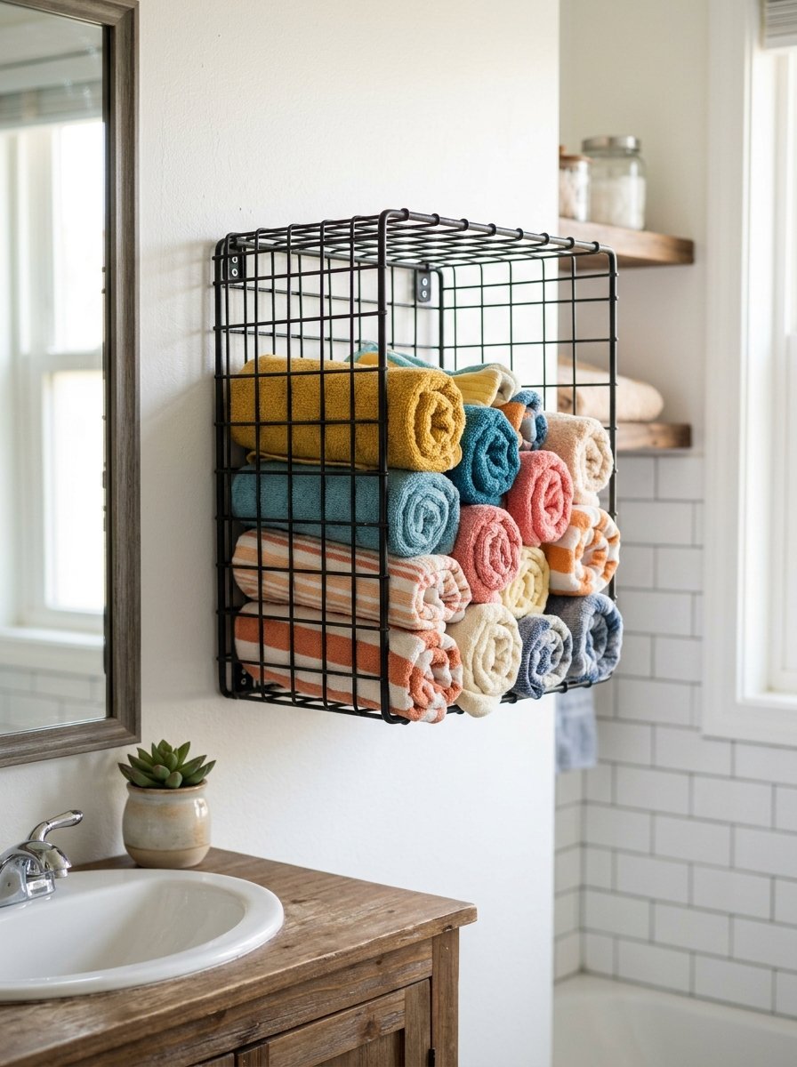 Wall-mounted metal cage filled with stacks of assorted pastel and striped rolled towels in a bathroom.