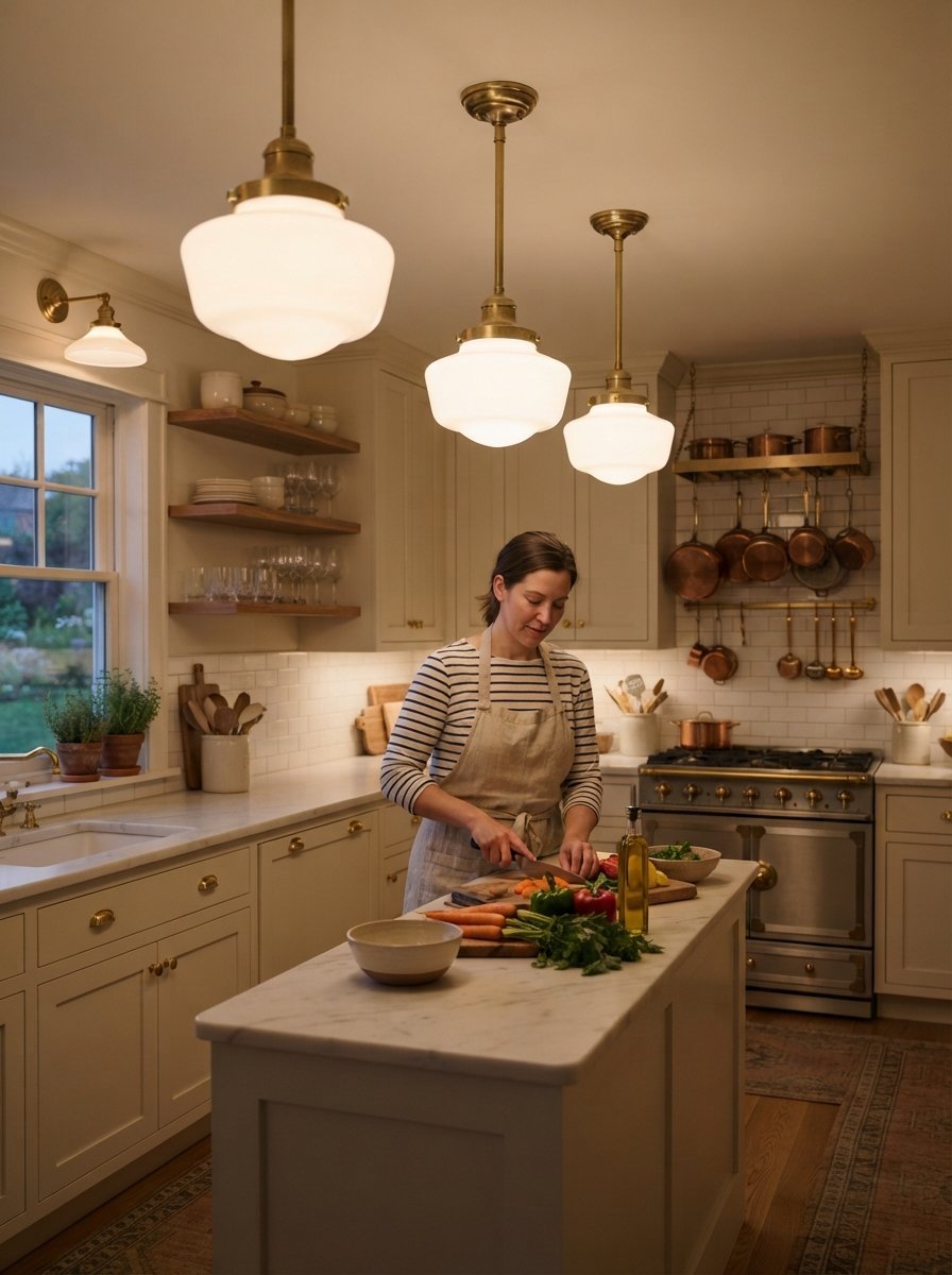 Person wearing an apron slicing fresh vegetables on a marble topped kitchen island under vintage style pendant lights.