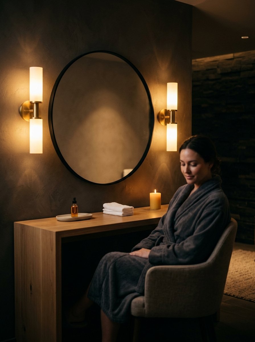 Woman in a grey bathrobe sitting in front of a circular mirror with warm wall sconces in a dimly lit spa room.