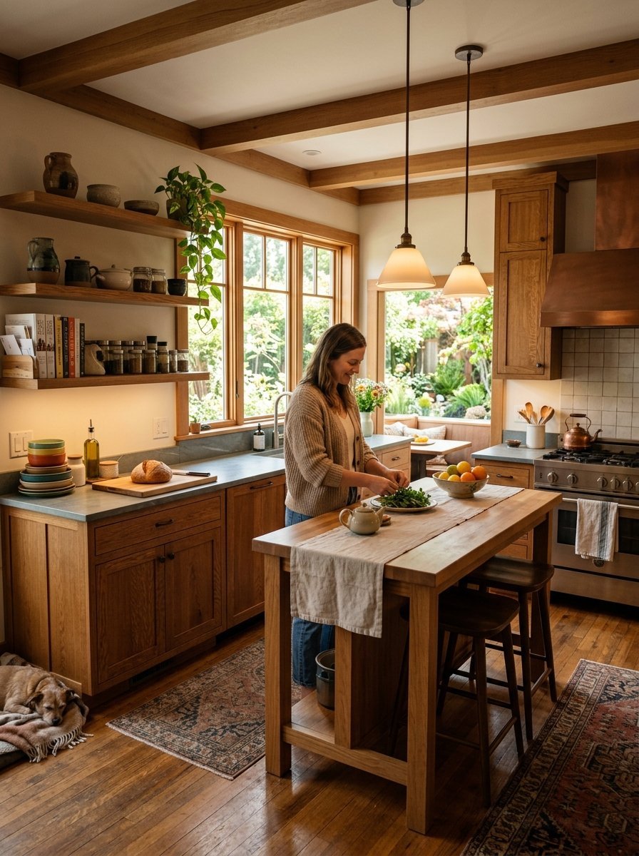 A woman in a cardigan works at a rustic wooden kitchen island with a dog sleeping on a rug nearby.