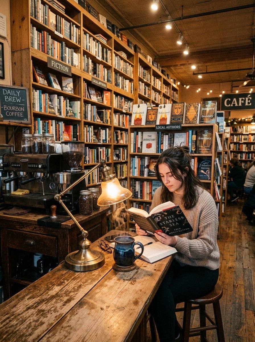 A woman sits at a wooden table in a bookstore with a coffee mug and a brass lamp while reading a book.