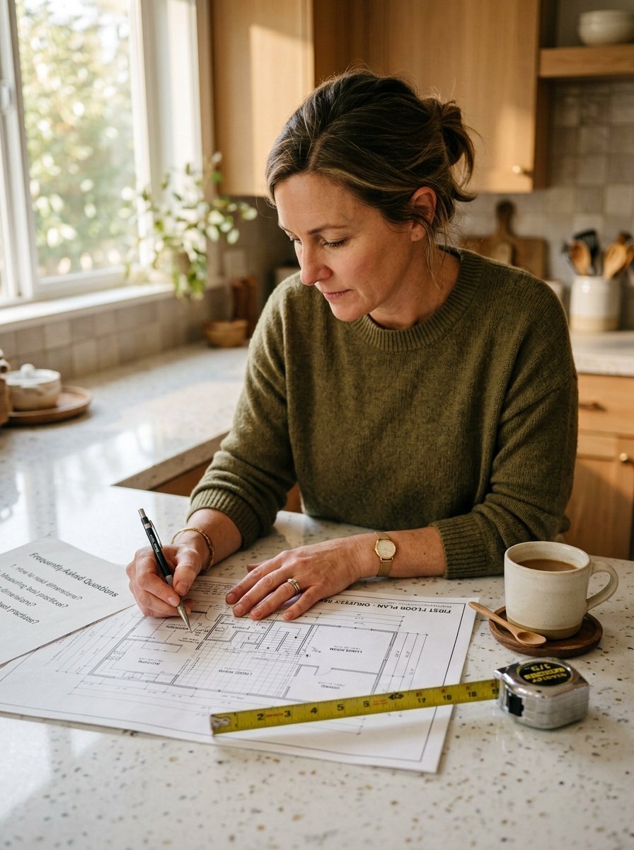 A woman in a green sweater uses a mechanical pencil to mark up house blueprints on a granite countertop.