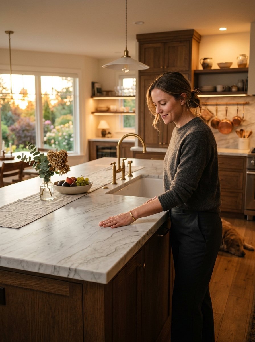 A woman stands in a sunlit kitchen with wood cabinets, gently placing her hand on a white marble countertop.