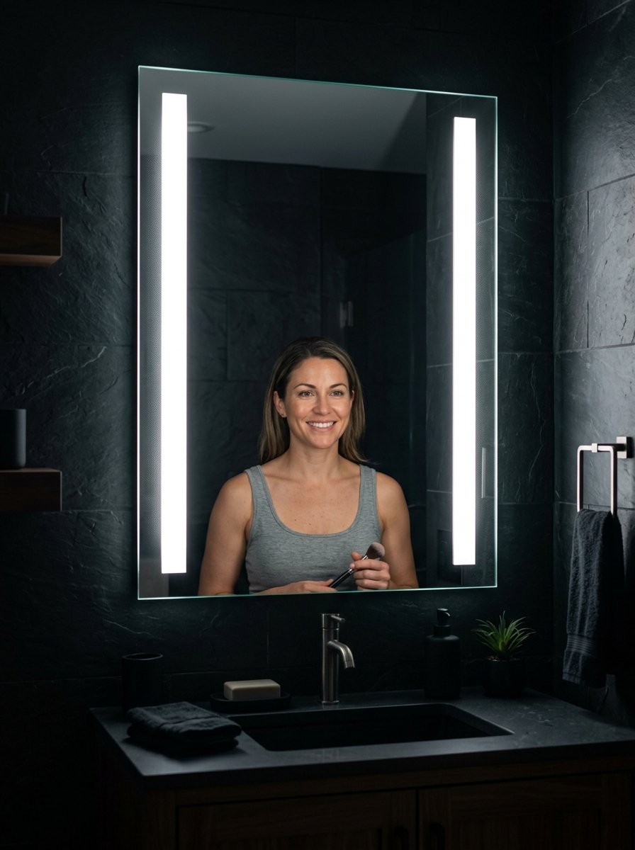 A person smiles at their reflection in a rectangular bathroom mirror featuring two vertical glowing LED light strips.