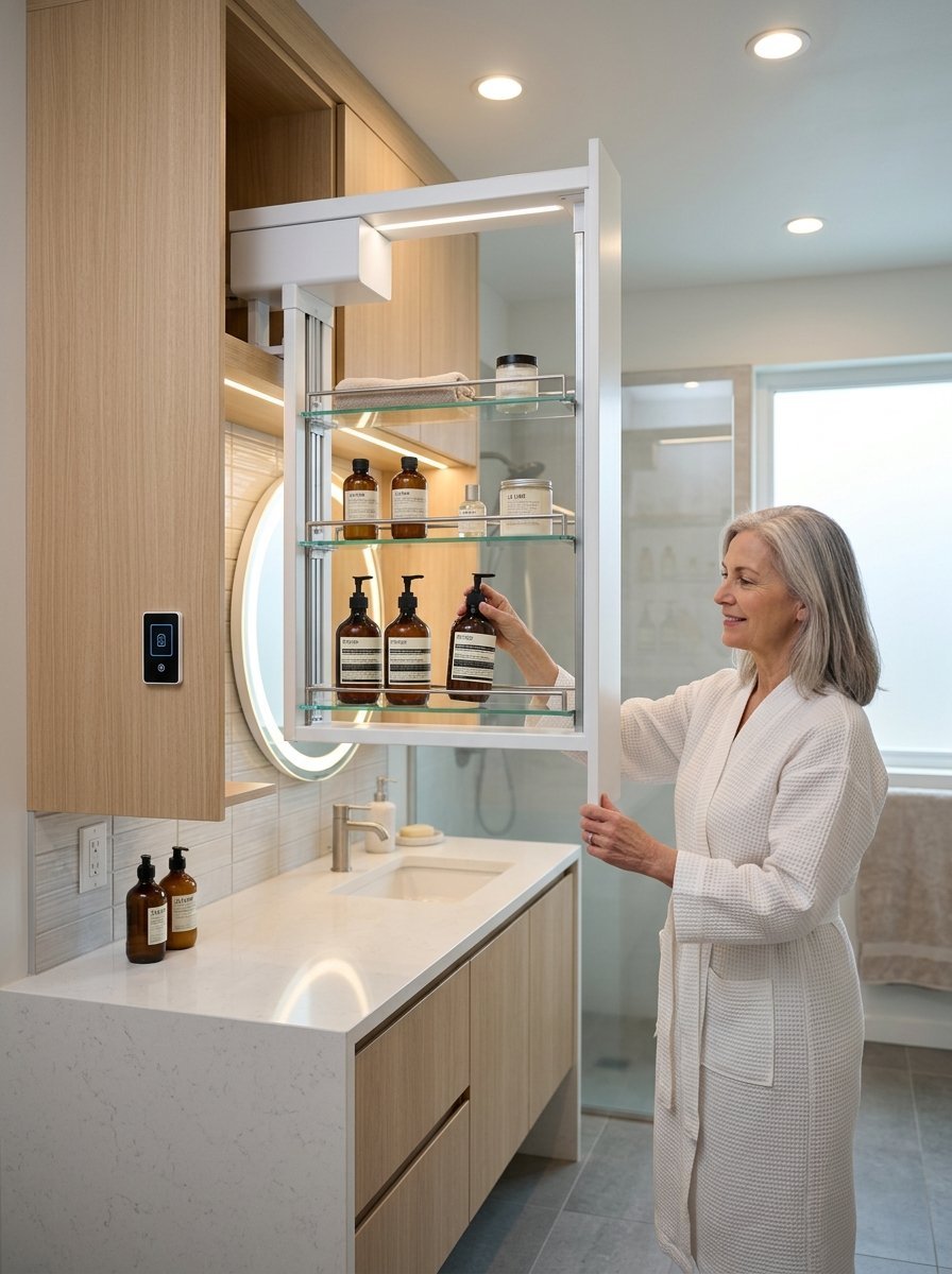 A woman in a white bathrobe pulling down a motorized bathroom cabinet shelf filled with skin care bottles.