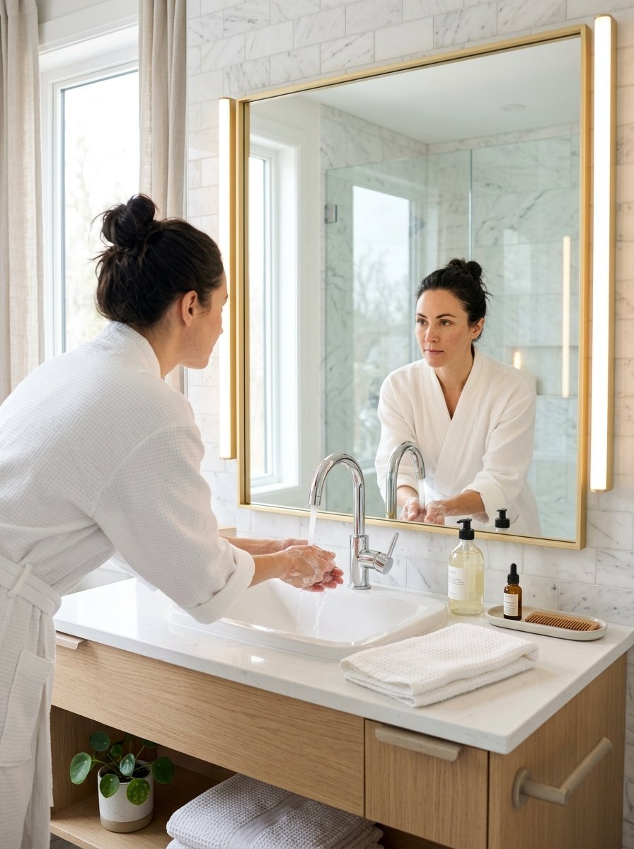 A woman with hair in a bun wears a white bathrobe while washing her hands in a marble bathroom sink.