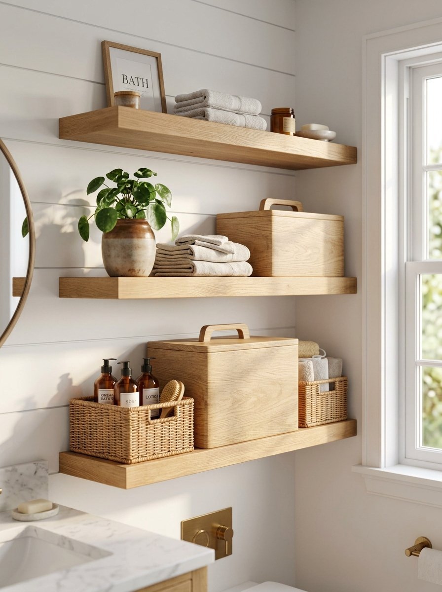 Three tiered wooden floating shelves holding wicker baskets, folded towels, plants, and amber soap bottles.