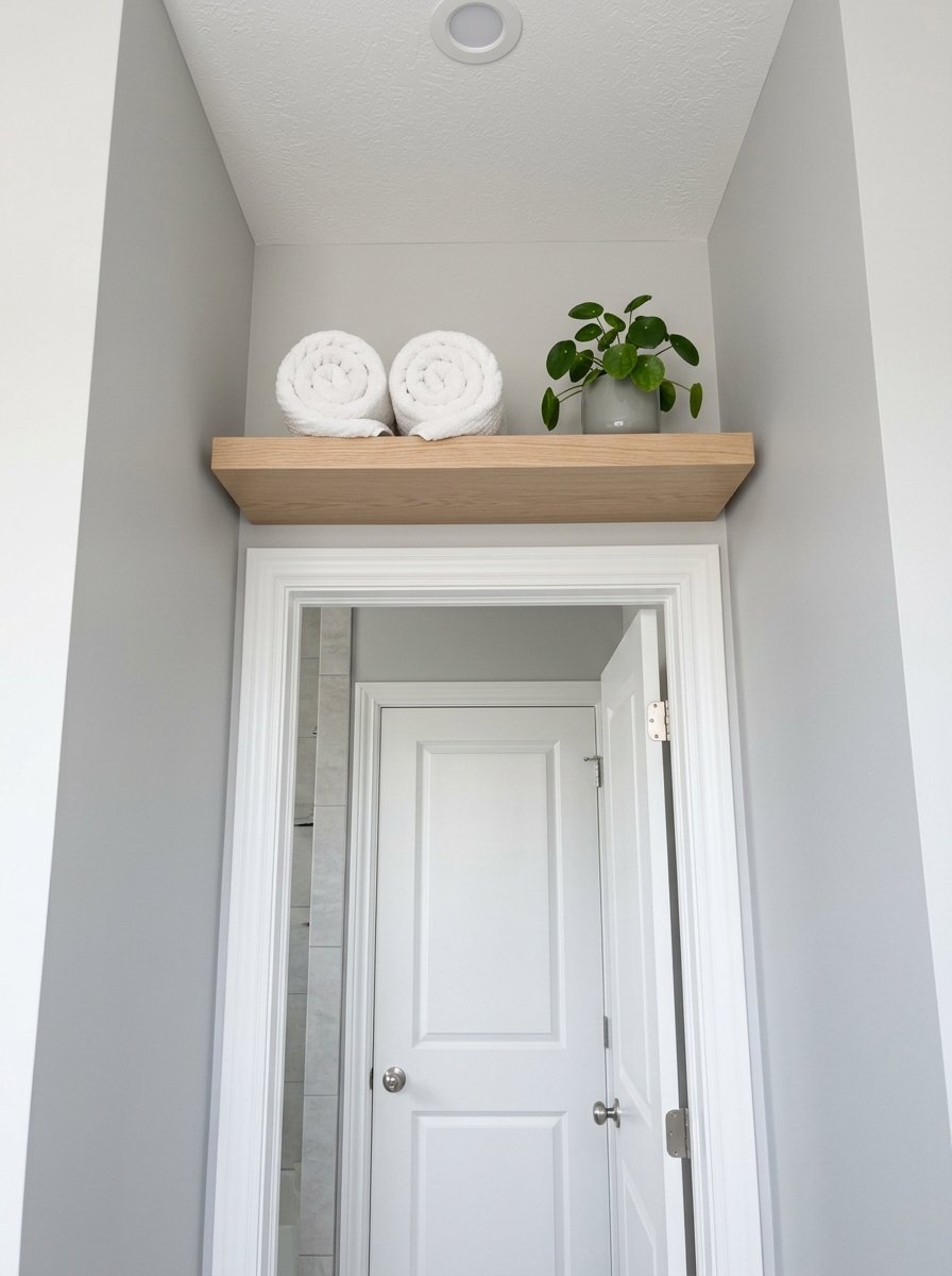 Floating oak shelf installed above a white door featuring two rolled towels and a potted pilea plant.