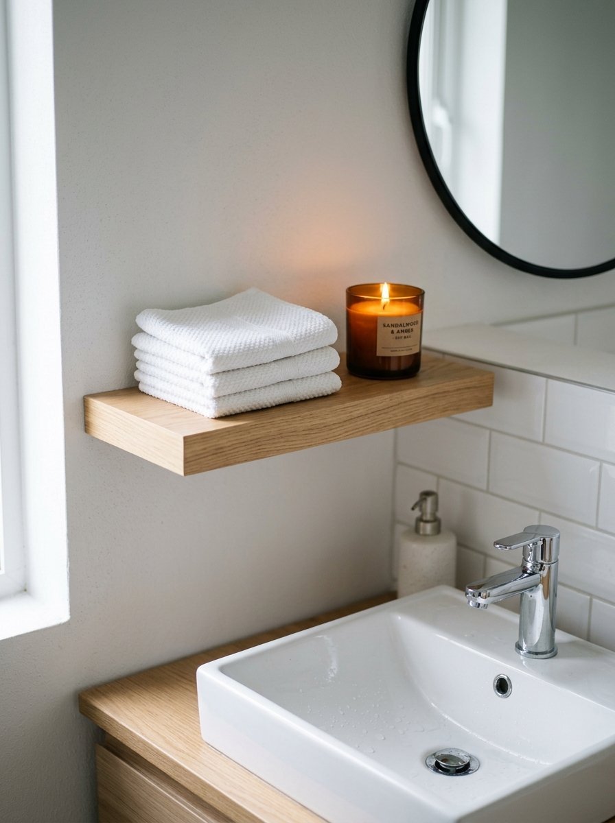Floating oak shelf holds a stack of white textured towels and a glowing candle above a bathroom sink.