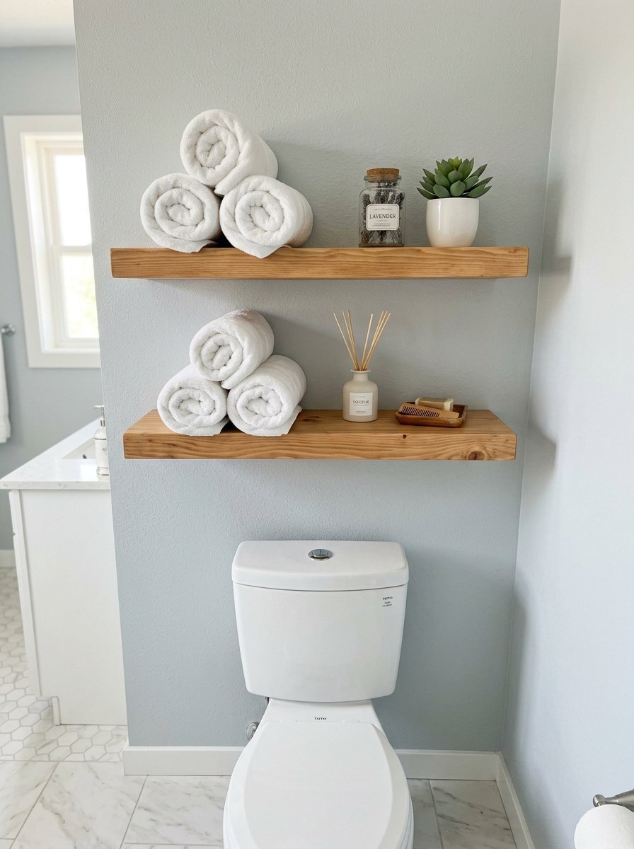 Two tiered wooden shelves over a white toilet holding rolled white towels, a succulent, and a reed diffuser.