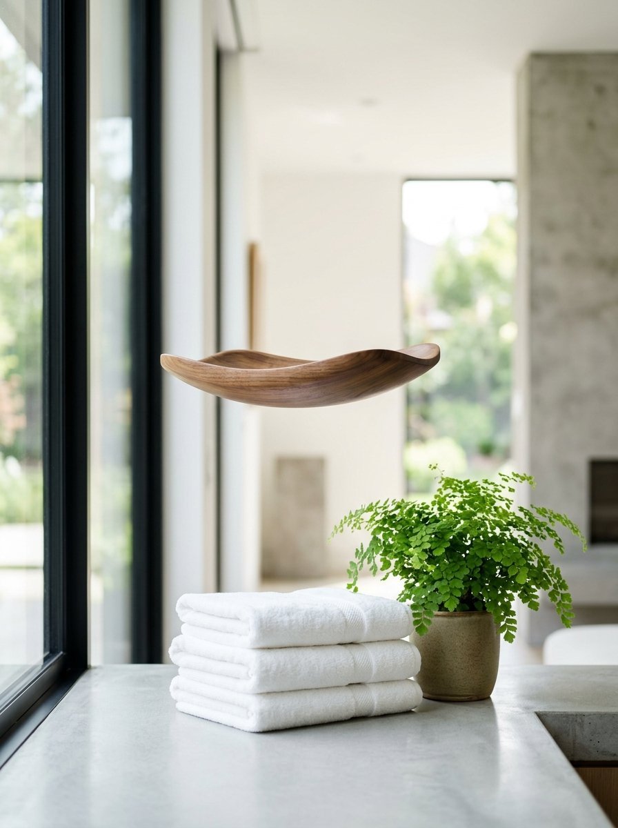 Decorative wood dish suspended over a stack of fresh white linens and a small green fern plant on a marble counter.