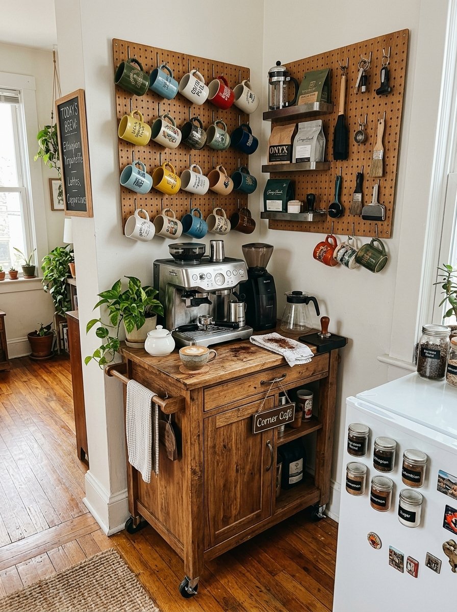 A rustic wooden rolling cart holds an espresso machine and coffee tools under a pegboard wall filled with mugs.