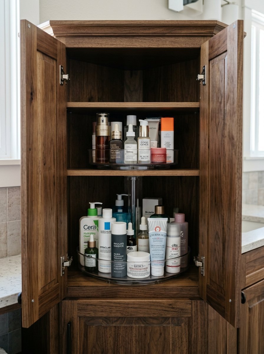 Open walnut wood corner cabinet containing round lazy susan trays stocked with beauty and skincare serums and lotions.