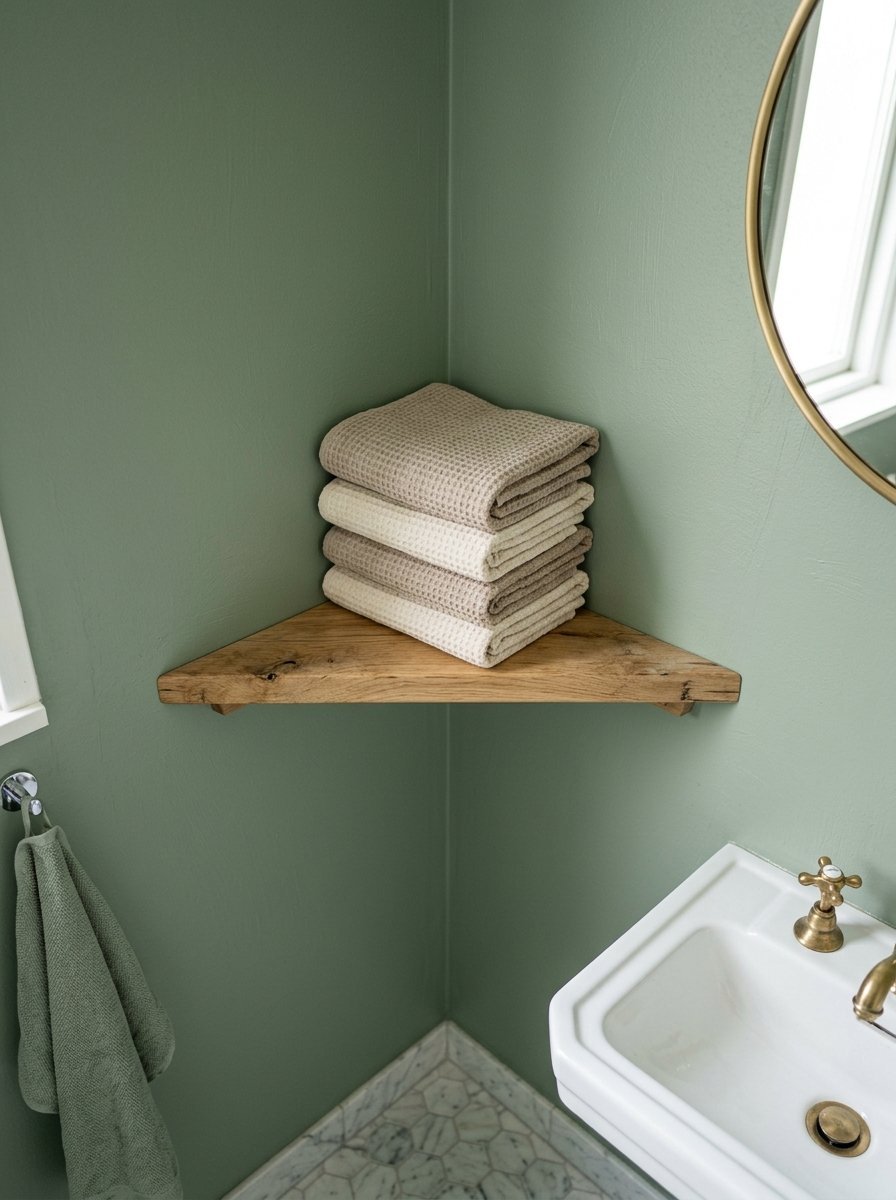 Four folded neutral-colored towels sitting on a triangular rustic wood floating shelf against sage green walls.