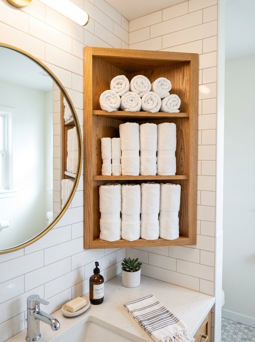 Clean white folded towels stacked neatly on oak floating corner shelves above a marble vanity.