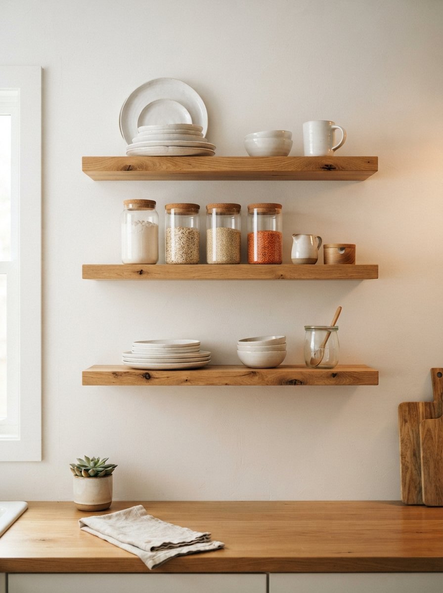 Three natural oak shelves holding stacked plates, glass canisters with grains, and small ceramic kitchenware.