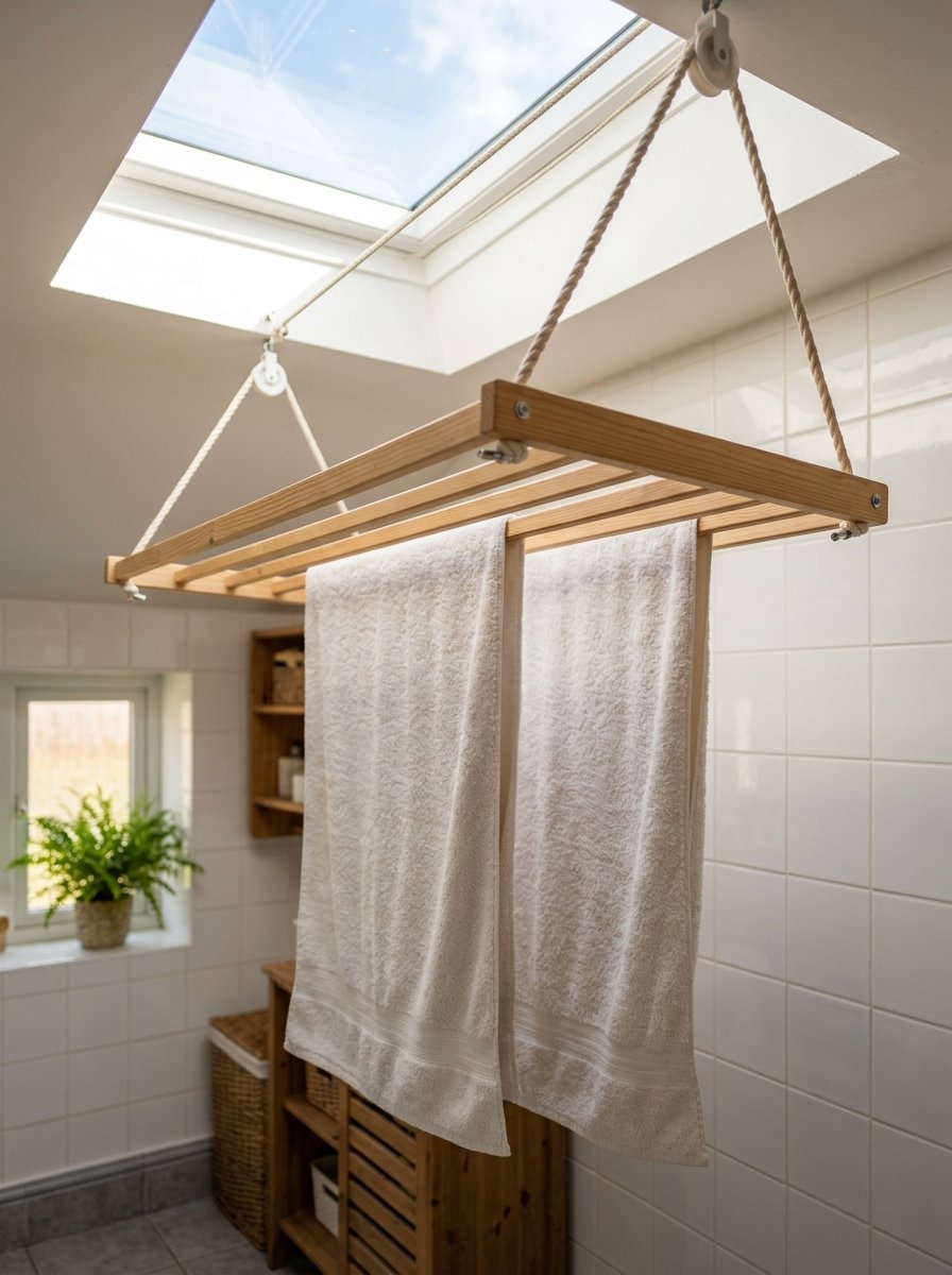 A wooden drying rack suspended by ropes from a bathroom ceiling holds two clean white towels.