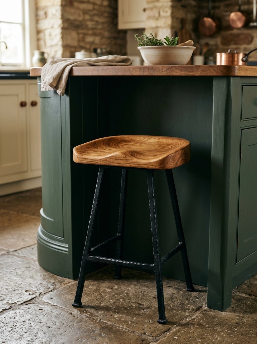 A rustic bar stool with a carved wooden seat and black hammered metal legs standing on a stone floor.