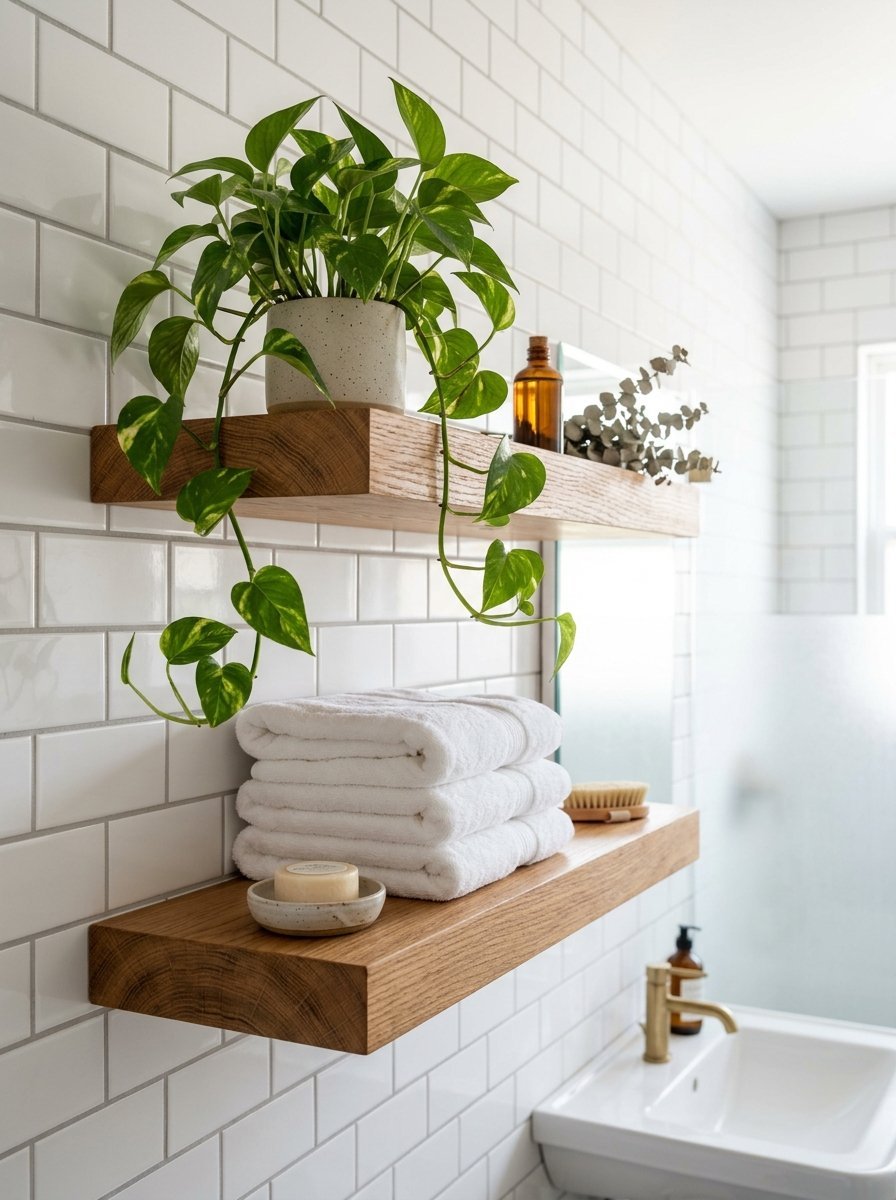 Floating oak shelves on a white subway tiled wall featuring a trailing pothos plant and folded white bathroom towels.