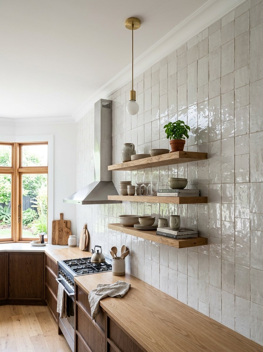 Floating timber shelves holding ceramic dishes and a plant above a modern kitchen stove.