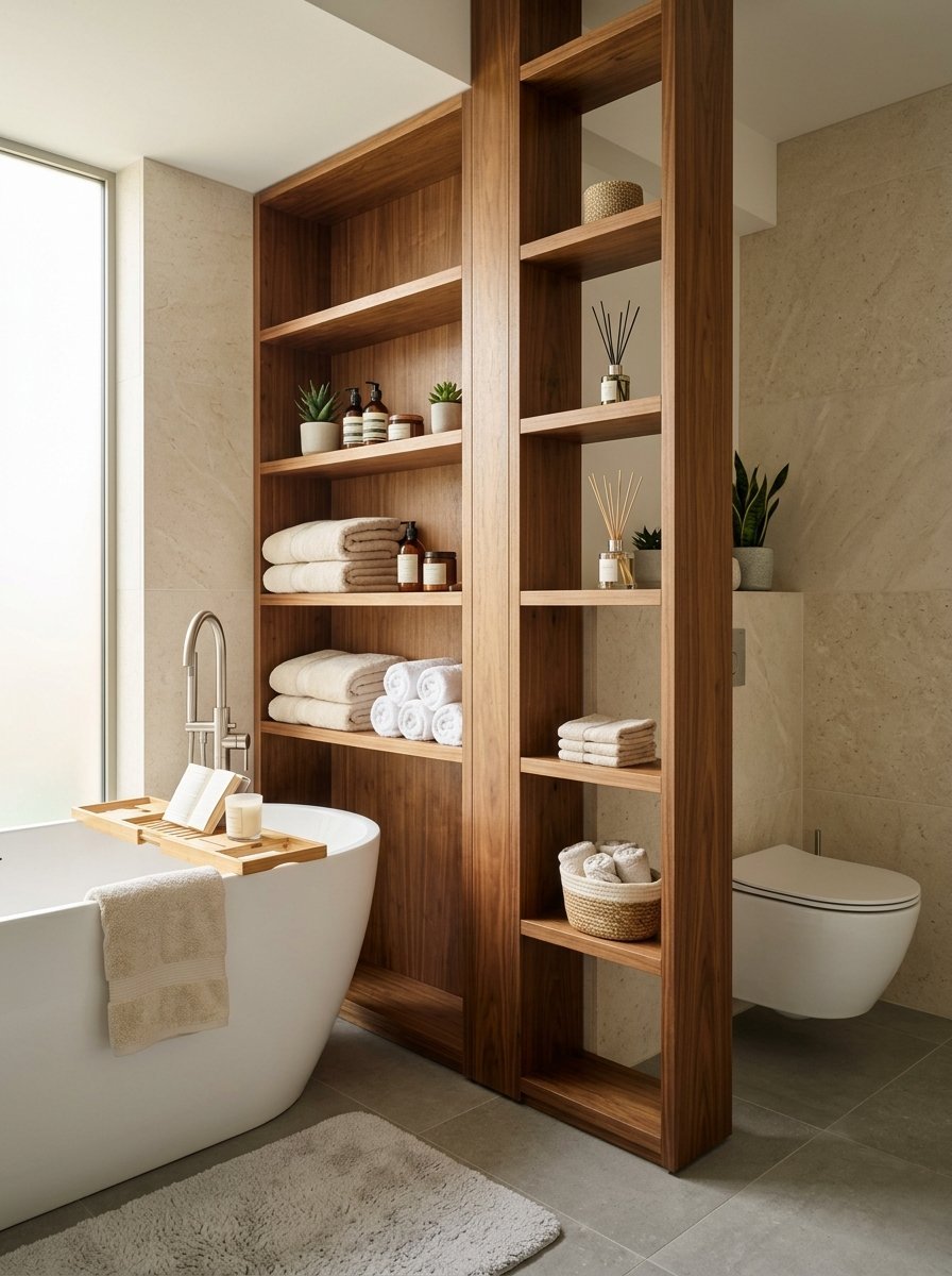 A wooden open shelving unit separates a bathtub from a wall-mounted toilet in a contemporary bathroom.