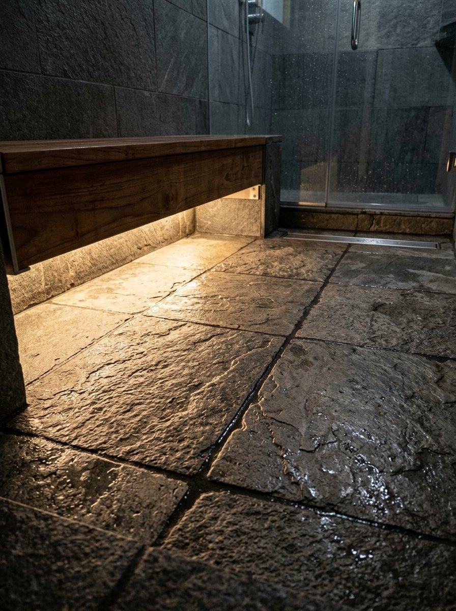 Close up of textured slate tile floor in a luxury shower stall with under-bench warm LED accent lighting.