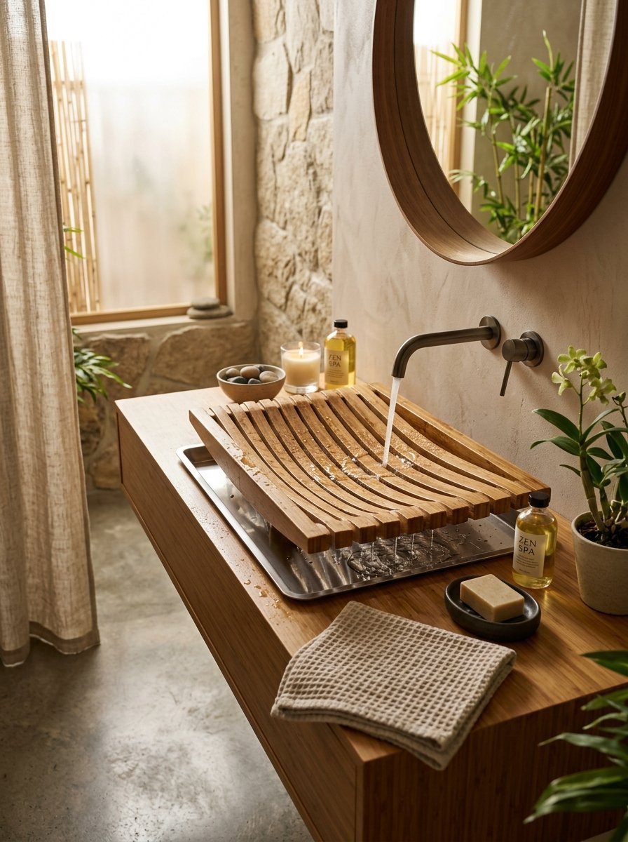 Close-up of a modern slatted wood sink with water running into a stainless steel basin in a spa-like bathroom.