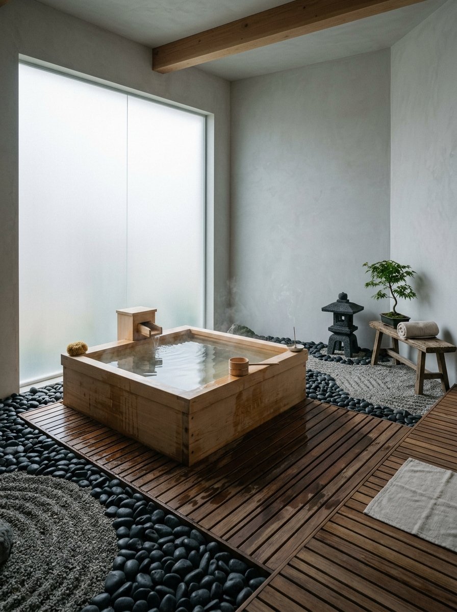 Steaming wooden tub surrounded by black river stones, bonsai tree, and a stone lantern in a minimalist spa room.