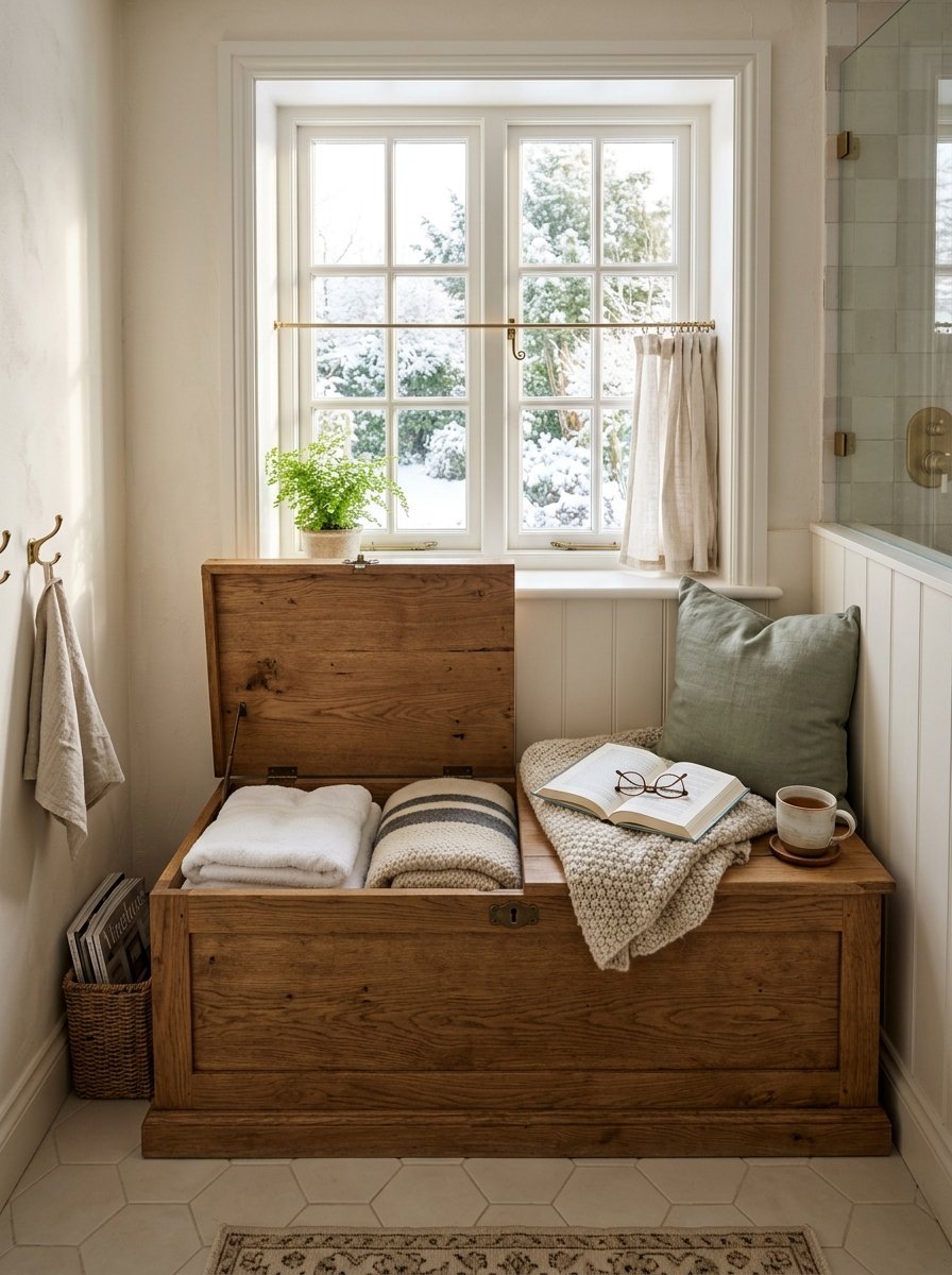 A rustic oak storage trunk containing folded blankets, topped with a cushion, book, and tea near a window.