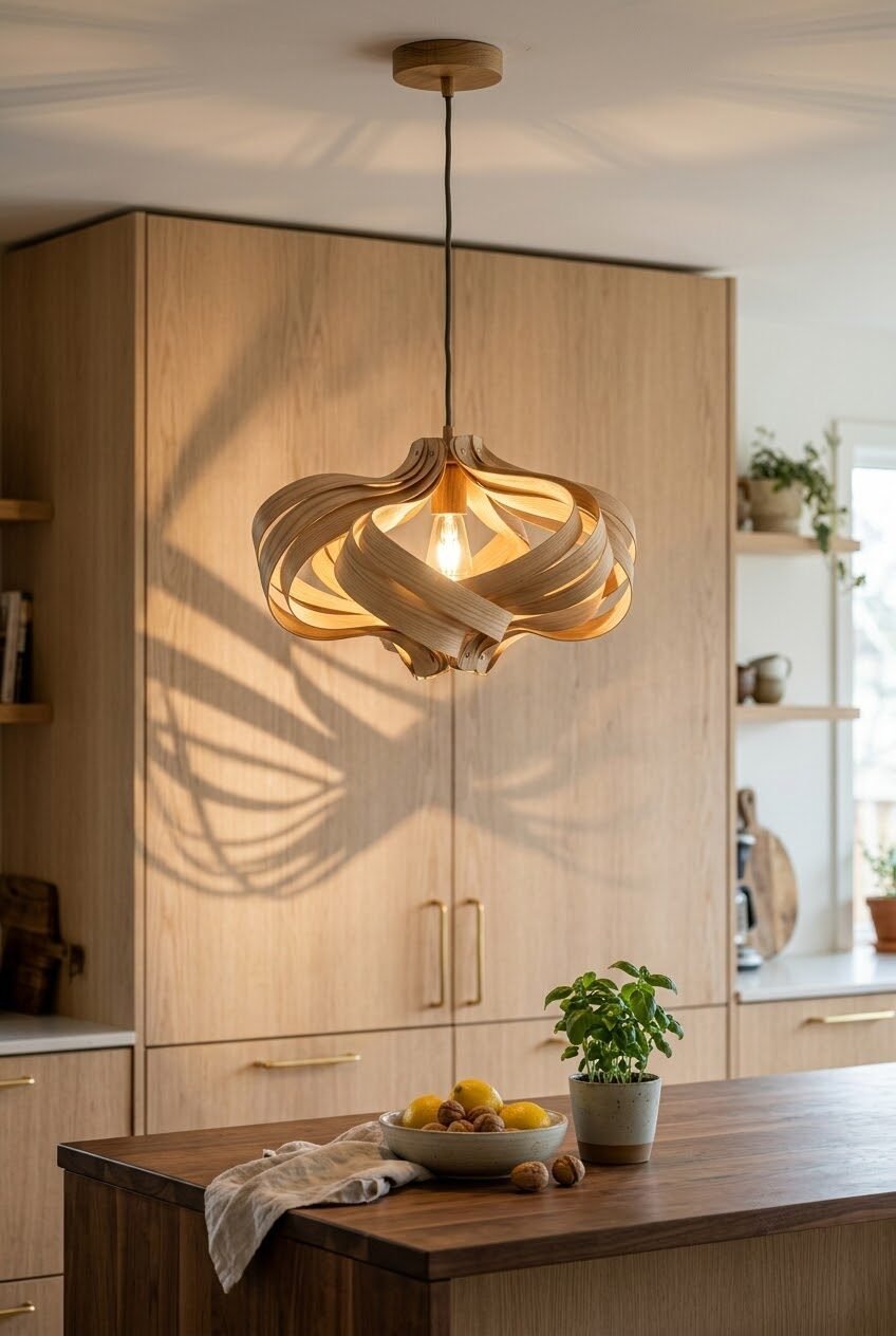 A sculptural bentwood pendant light hanging above a kitchen island with a bowl of lemons.