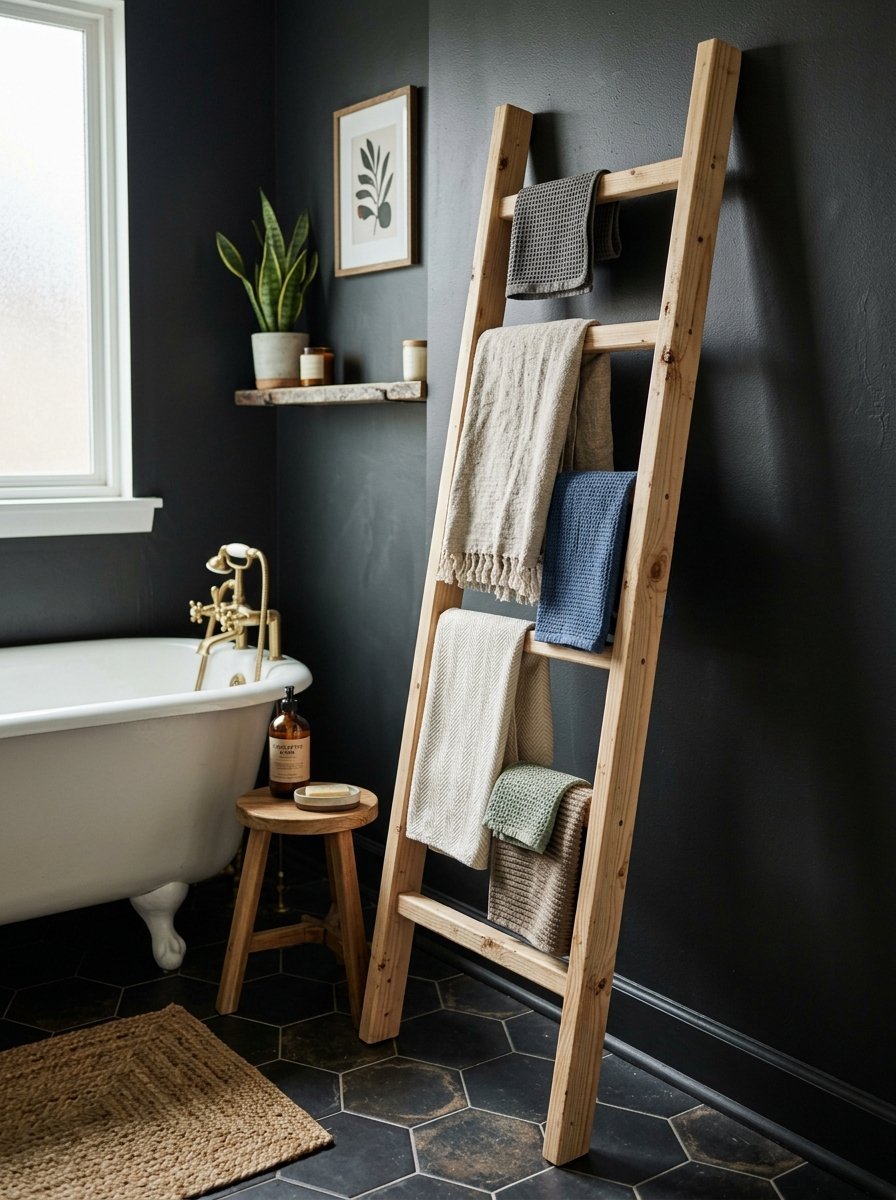 A decorative wood towel ladder leaning against a dark charcoal wall next to a white clawfoot bathtub.