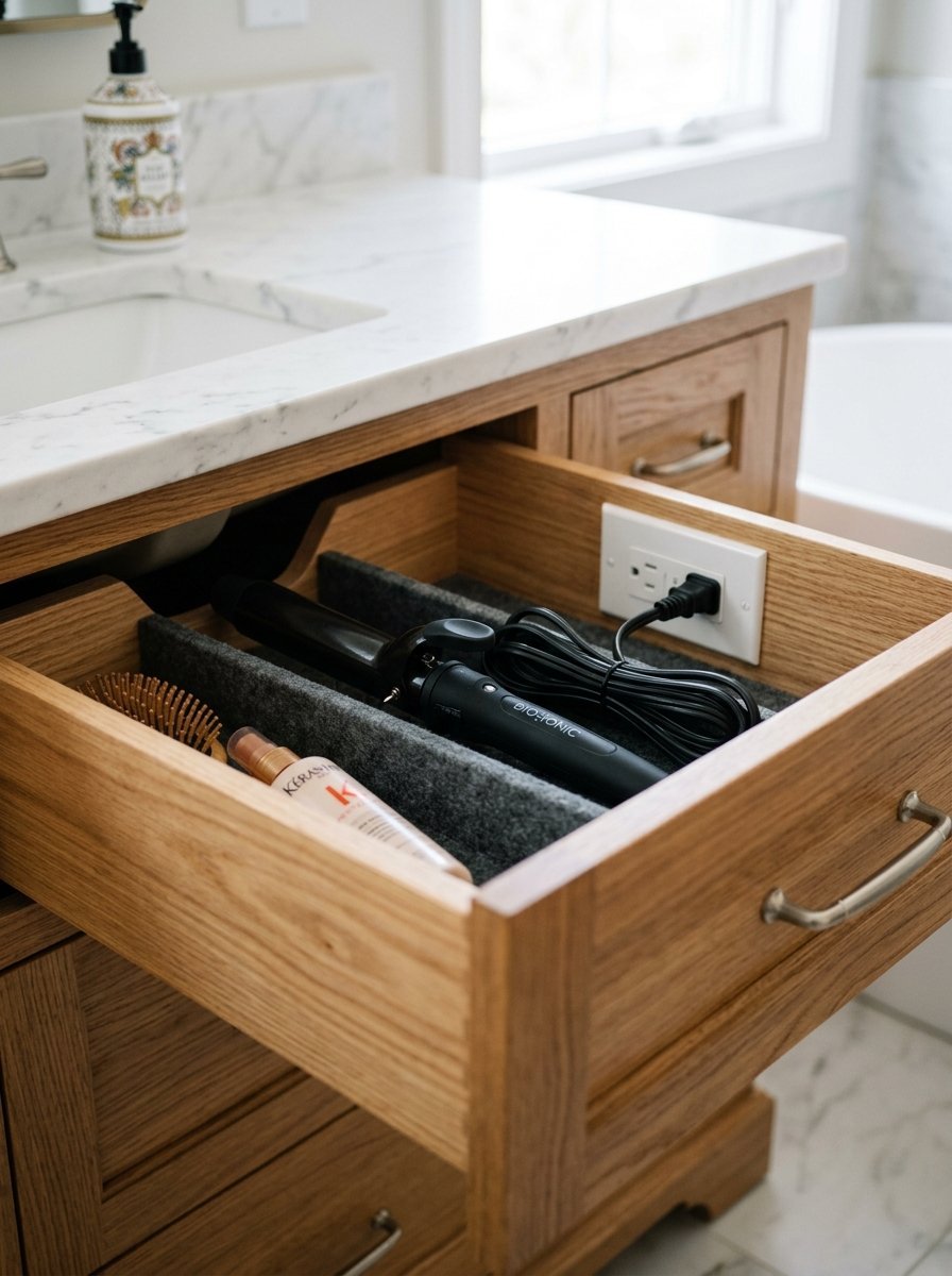 Open oak bathroom drawer with a curling iron plugged into an internal power outlet and hair care products.