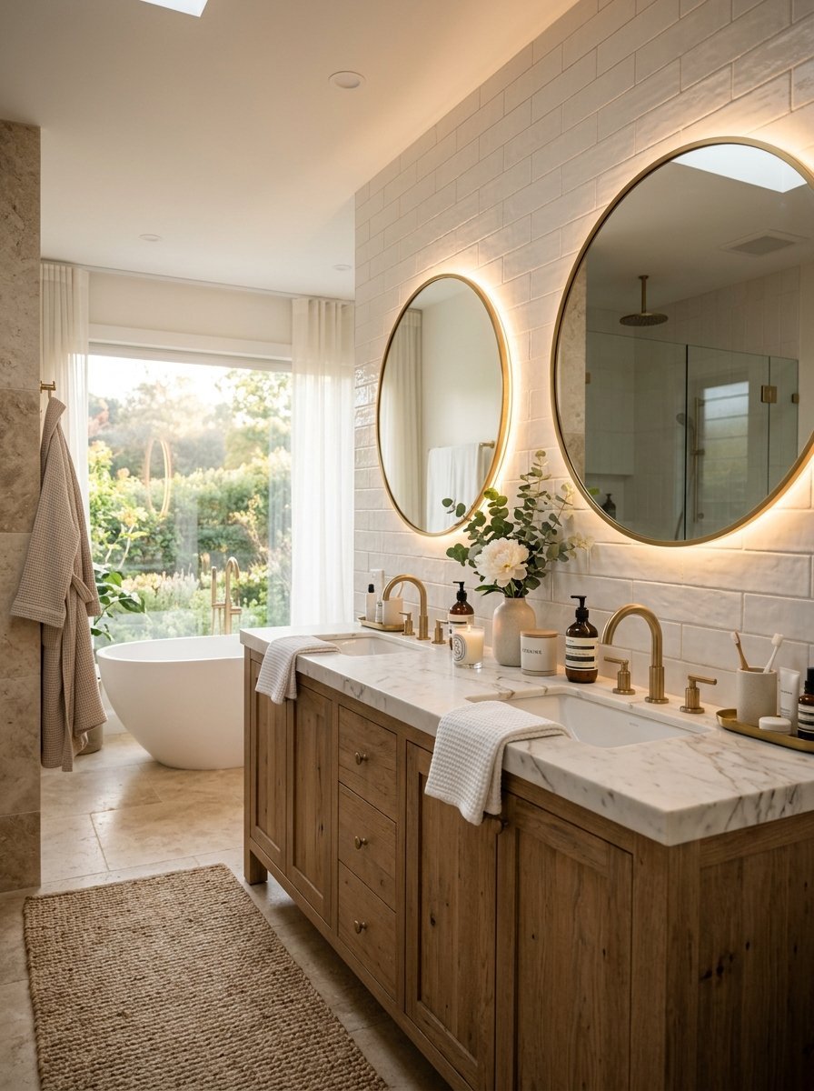 Modern bathroom with a wood vanity, white marble countertop, and two backlit round mirrors by a window with a tub.