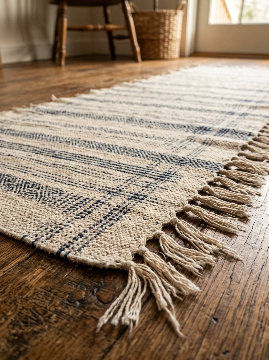 A close-up of a striped, fringed area rug on a dark hardwood floor near a wooden chair.