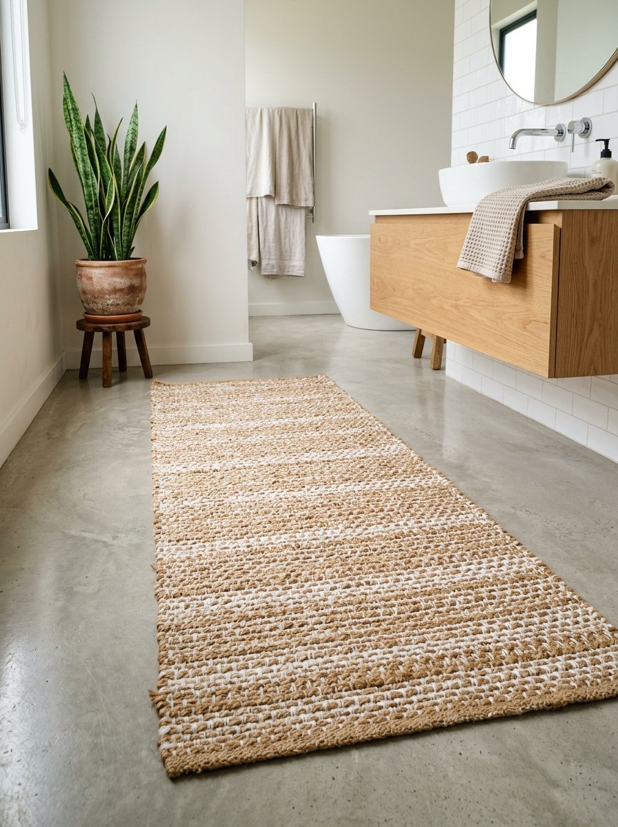 A beige and white woven runner rug lies on a polished concrete floor in a bright, contemporary bathroom.