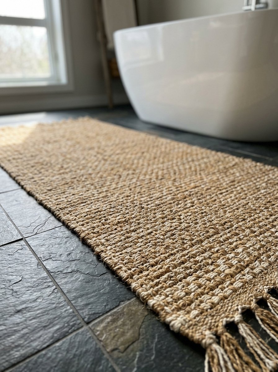 A long, textured tan woven fiber rug with frayed tassel edges placed on a dark grey tiled bathroom floor.