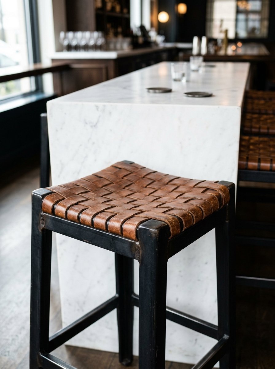 Close-up of a modern black metal stool with a brown woven leather seat at a white marble bar table.