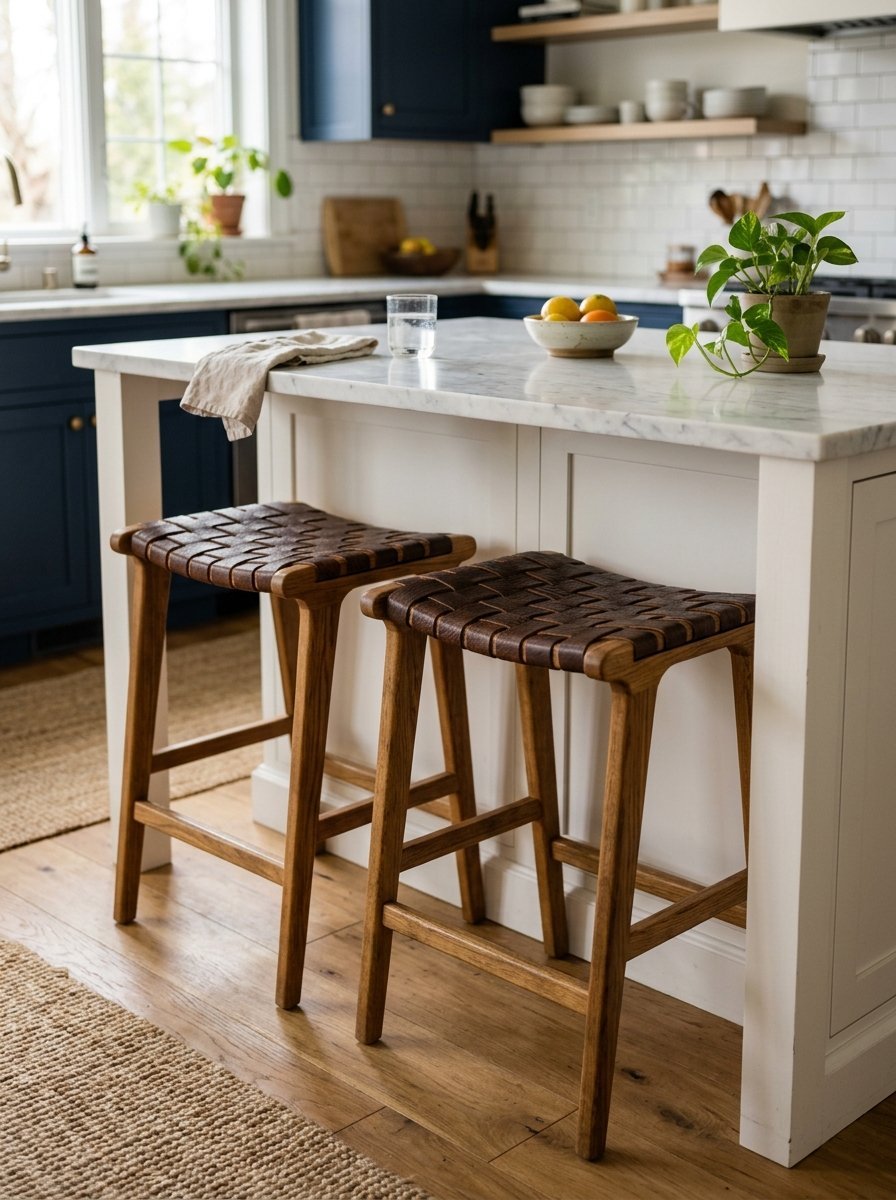Wooden bar stools with brown woven leather seats placed against a white kitchen island with a marble countertop.