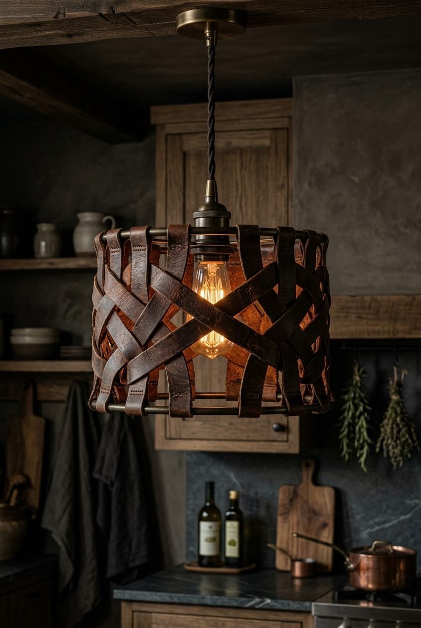 A decorative hanging light fixture made from interlaced brown leather straps surrounding an Edison light bulb.