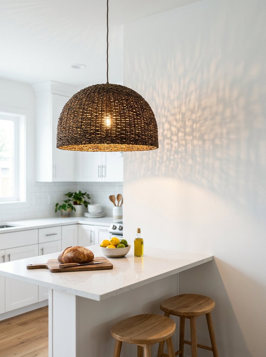 A rustic brown wicker dome lamp illuminates a kitchen island with fresh bread and fruit.