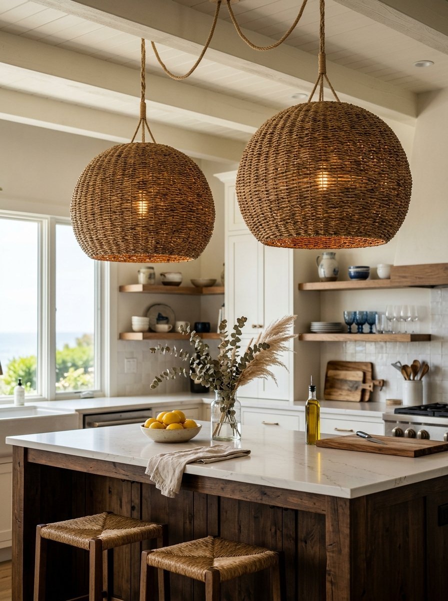 Close-up of dual textured wicker dome lamps illuminating a rustic kitchen island with stools.