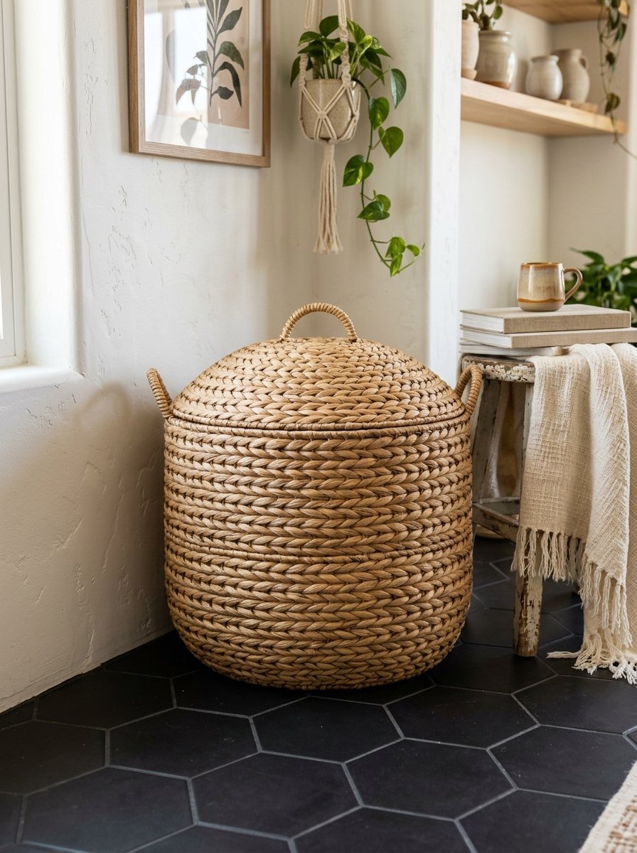 Round seagrass storage hamper with handles placed in a cozy bohemian corner.